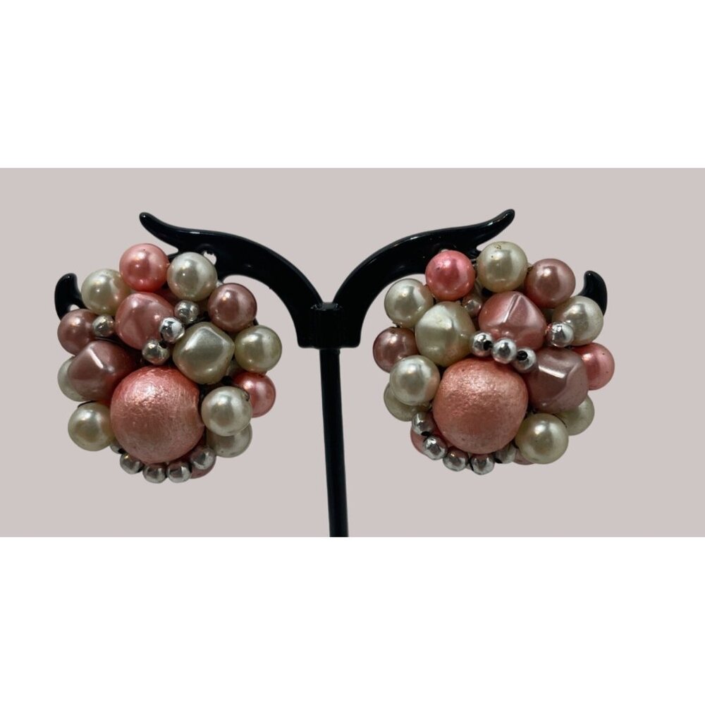Vintage Clip On Cotton Candy Pink Earrings Ear Clips Cluster Japan 1950s